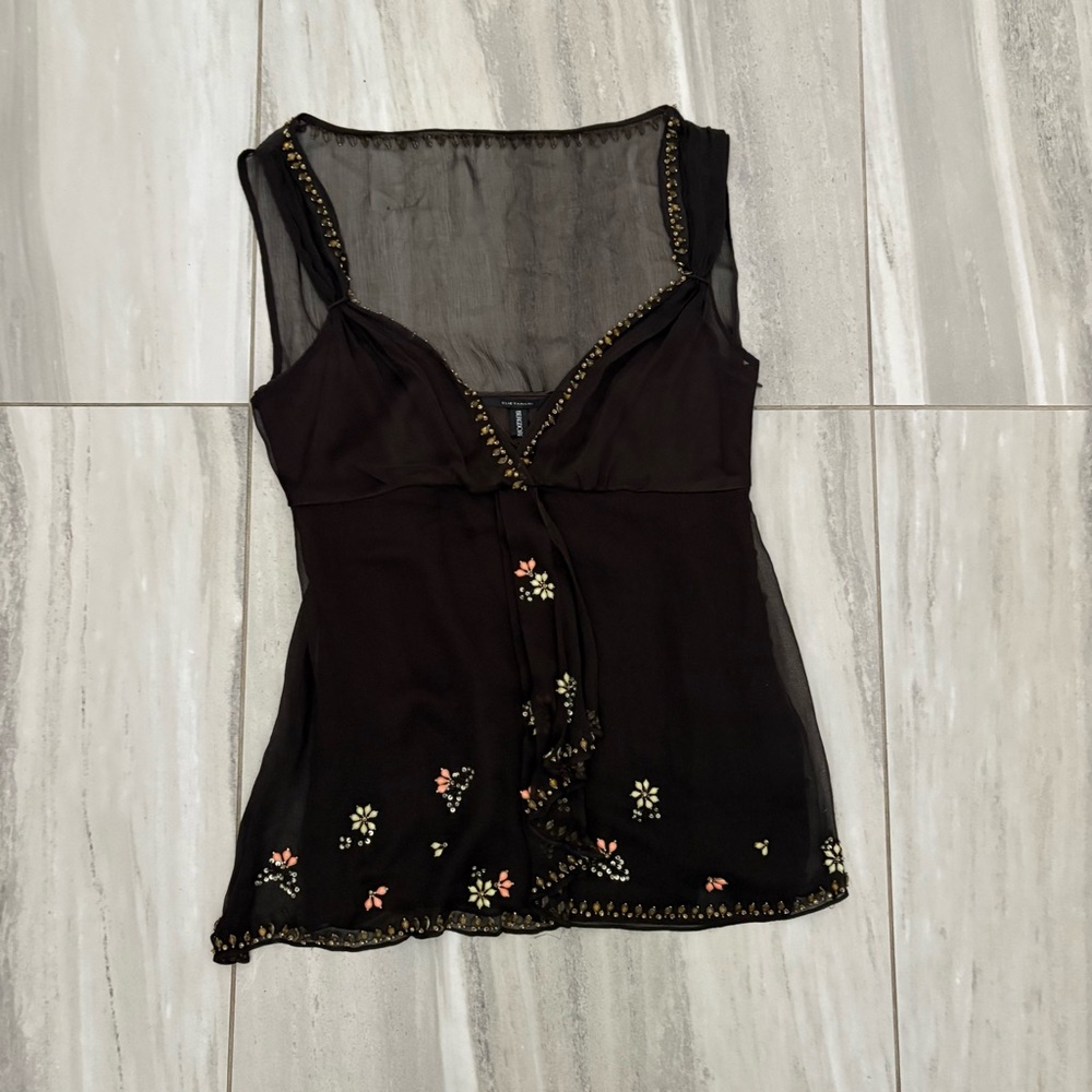 Elie Tahari Bergdorf Goodman Brown Silk Chiffon Beaded Blouse